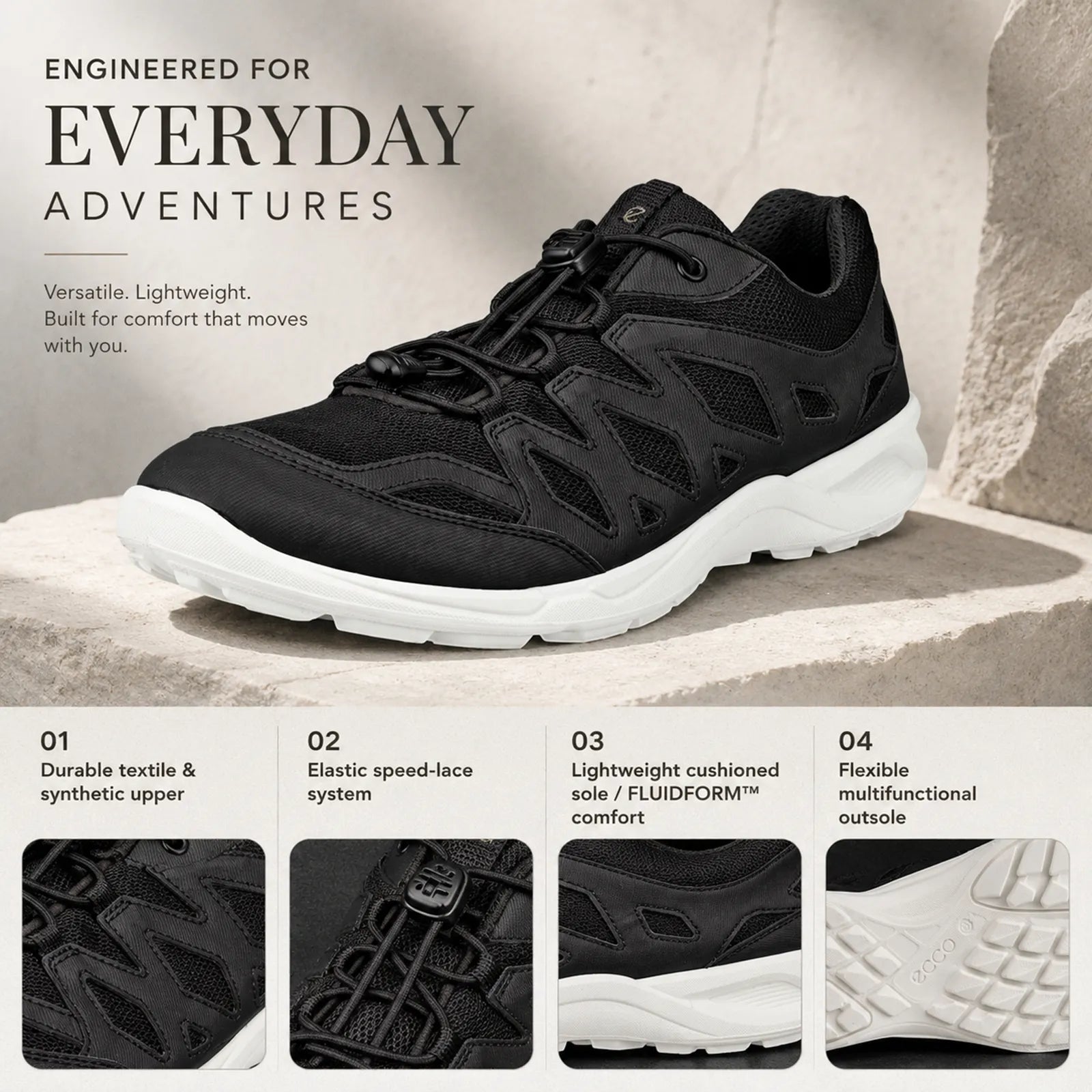 Women’s lightweight outdoor sneakers, black lace-up with white sole and textured upper