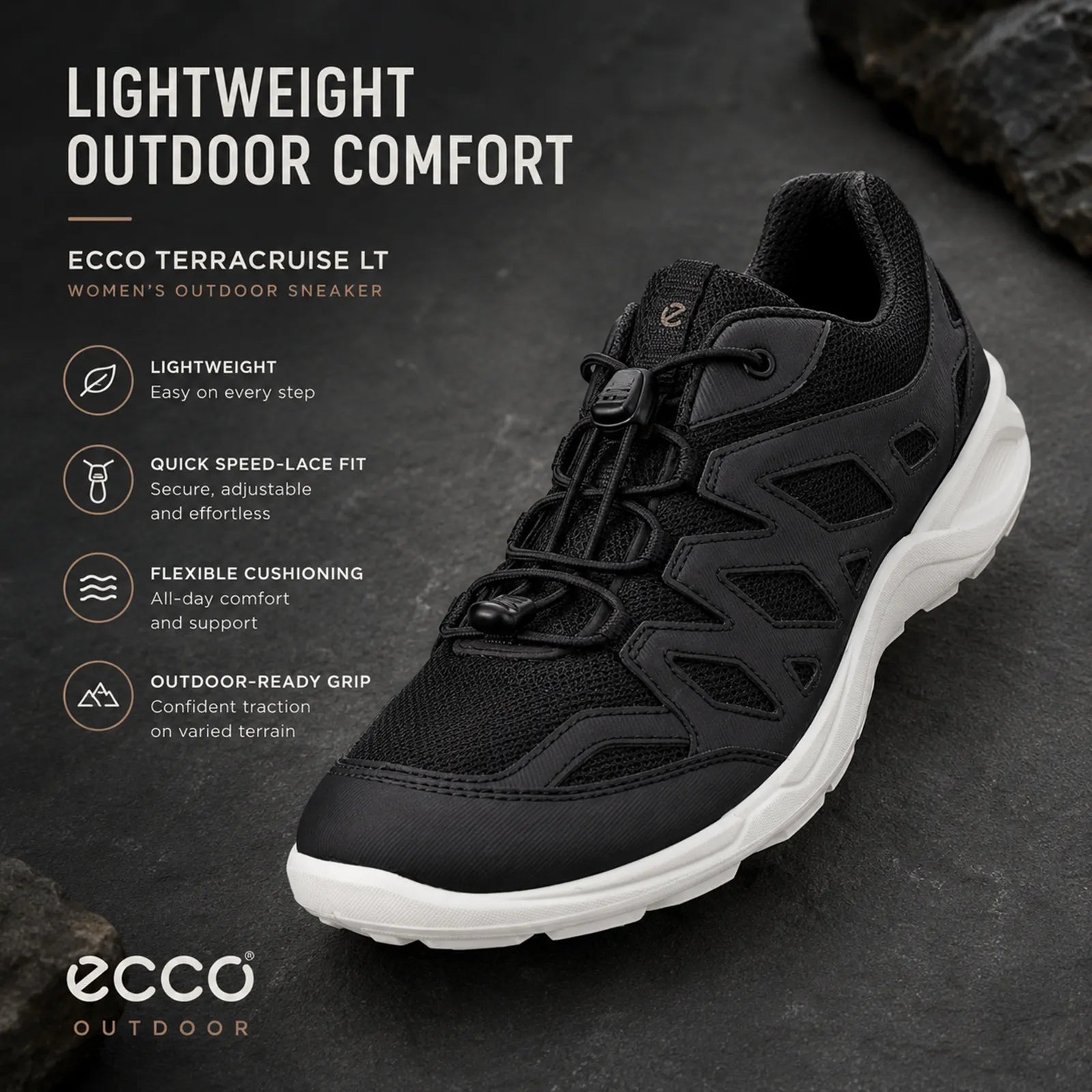 Women’s lightweight outdoor sneakers, black upper with white midsole and outsole