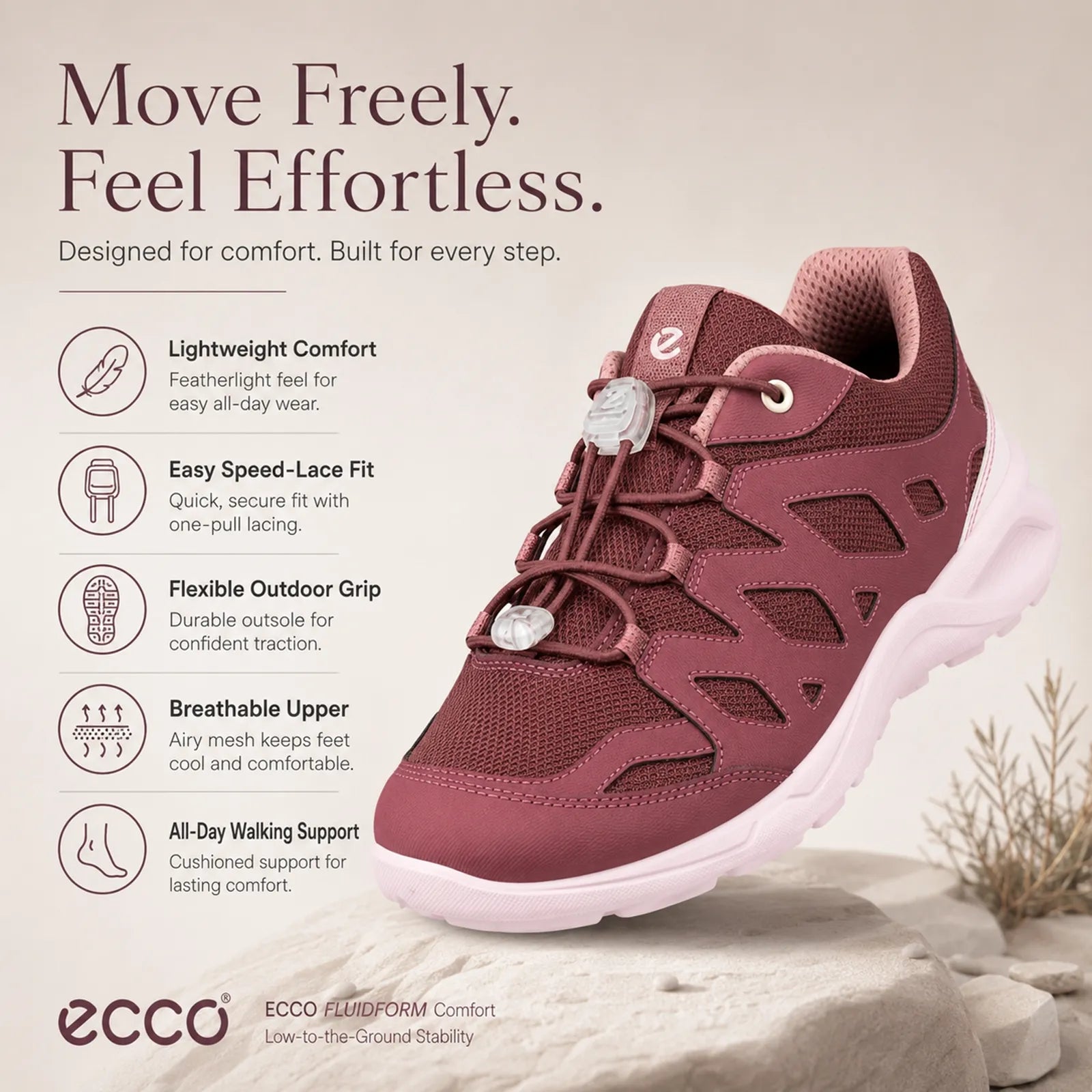 Women's lightweight outdoor sneakers in dark burgundy, lace-up with padded collar and traction sole