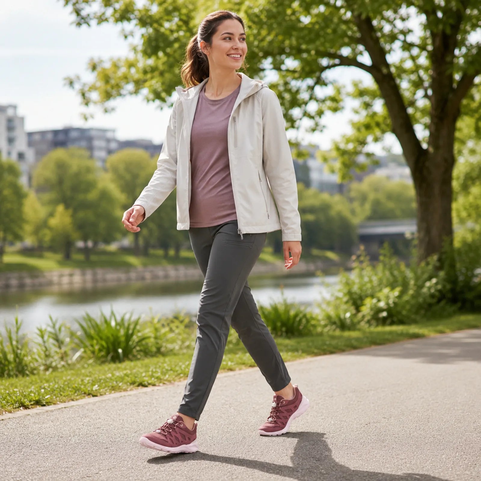 Women's outdoor sneakers, dark burgundy, worn during walking with lace-up and cushioned sole