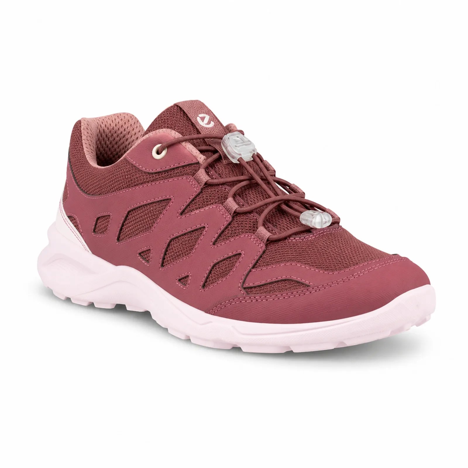 Women's outdoor sneakers, dark burgundy knit upper, lace-up with padded collar and white outsole