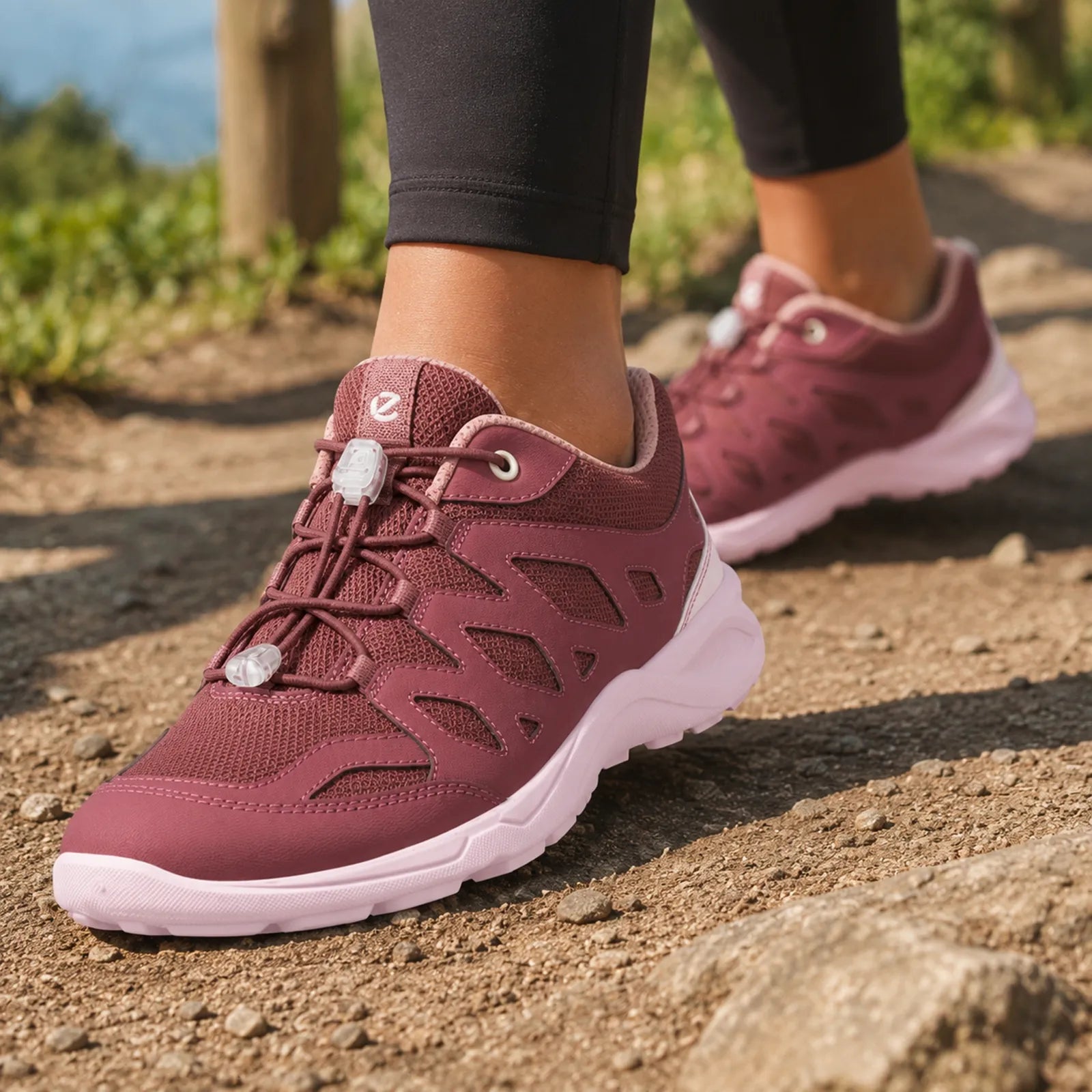 Women's outdoor sneakers, dark burgundy lace-up with white midsoles and rugged rubber outsole