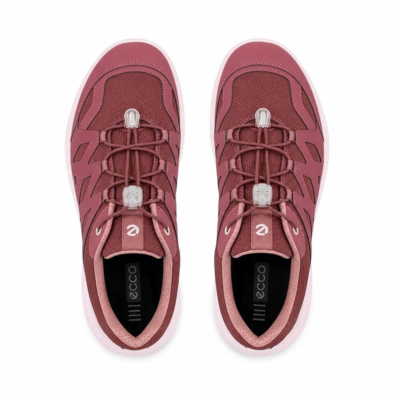 Pair of women's outdoor sneakers, dark burgundy, top view with lace-up eyelets and cushioned lining
