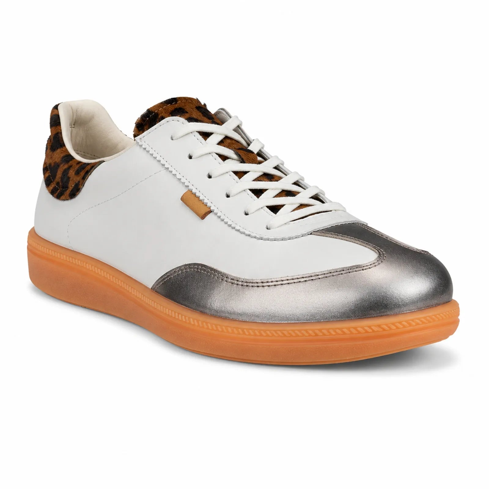 Women's lace-up sneaker in white with metallic gray toe, leopard collar, orange sole