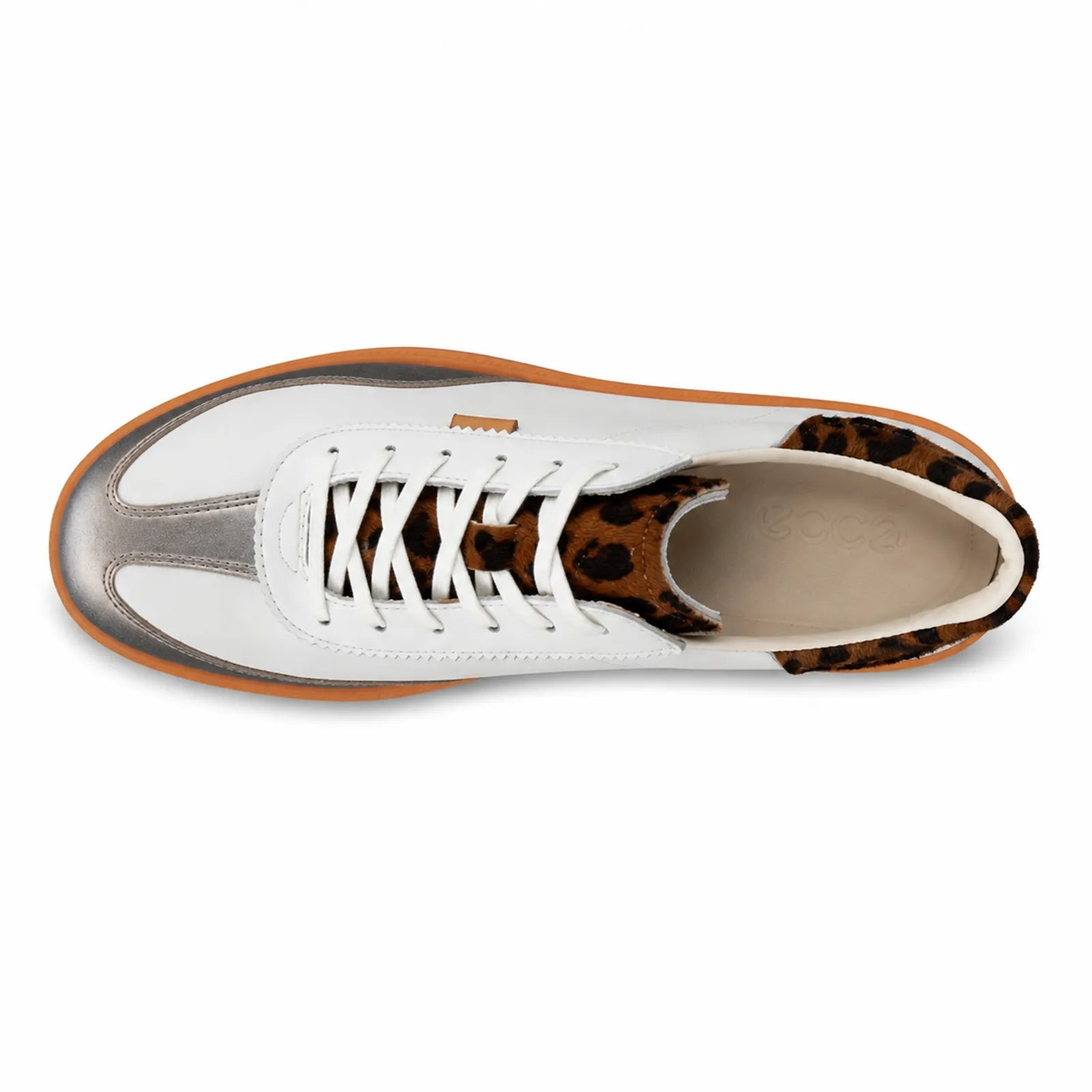 Women's leather sneaker in white with metallic gray toe and leopard lining, lace-up