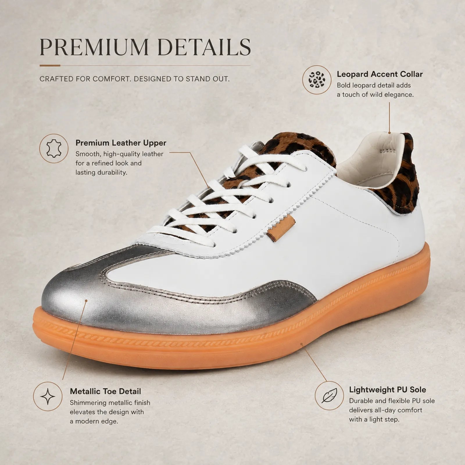 Women's lace-up sneaker with white leather, metallic gray panel, orange PU sole, leopard detail