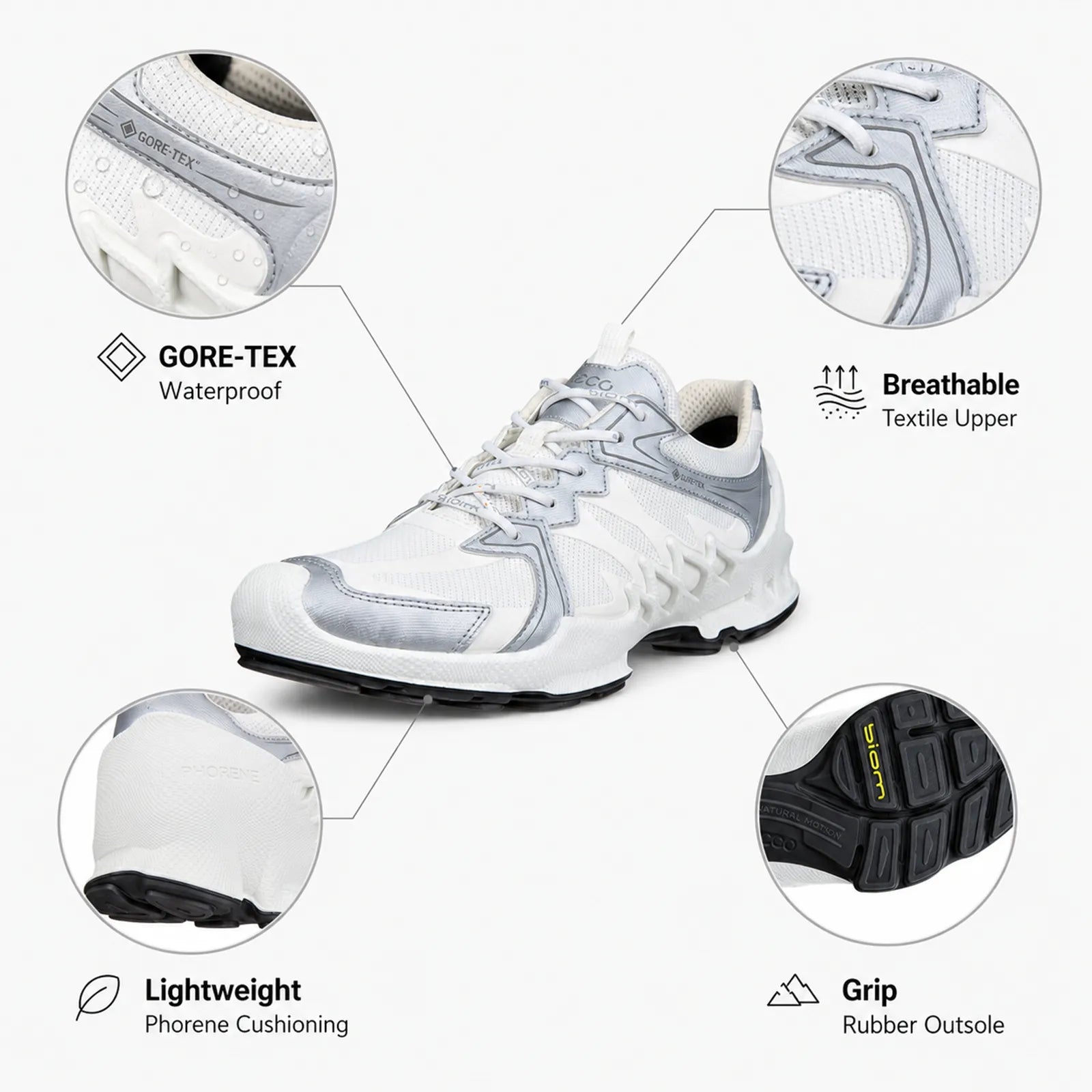 White lace-up sneakers with Gore-Tex waterproof label, breathable upper and rubber outsole