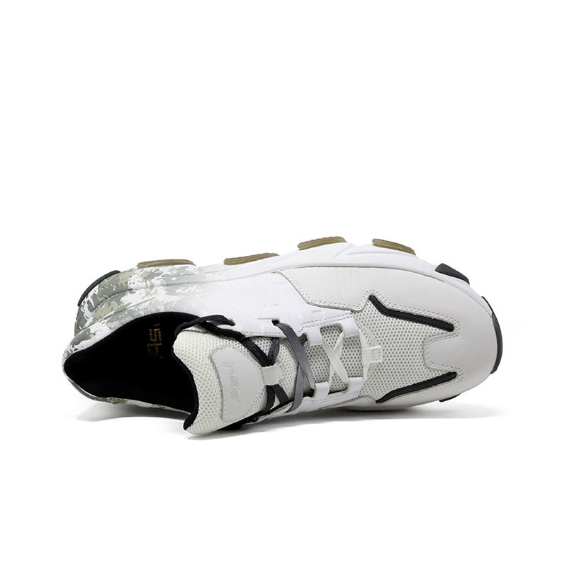 Women’s white leather running sneakers with textured side panel and black accents