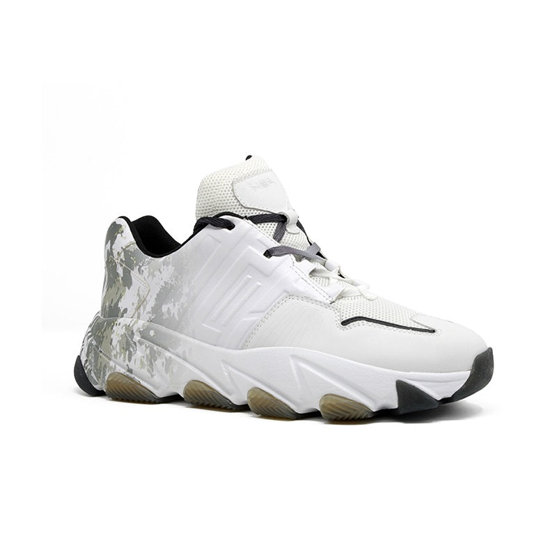 Women’s white leather running sneakers with black accents and speckled heel panel