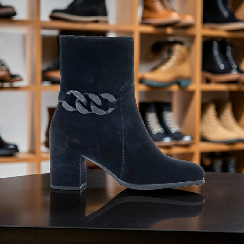Women’s black ankle boots with chain detail on cuff and block heel