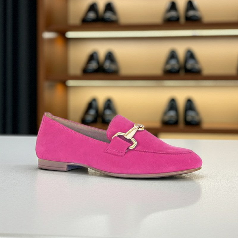 Women's bright pink suede loafer with side buckle strap and low block heel