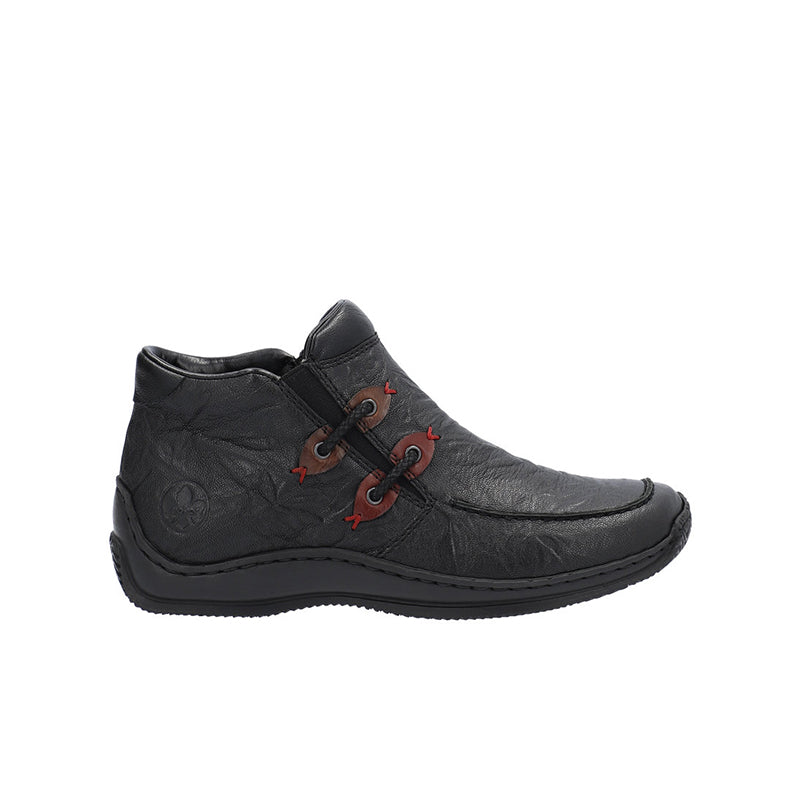 Black leather-look lace-up ankle boots with red eyelets and padded collar