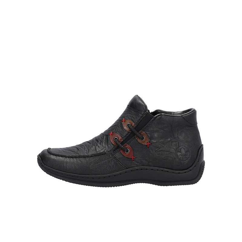 Black leather-look lace-up ankle boots with red eyelets and stitched side panel