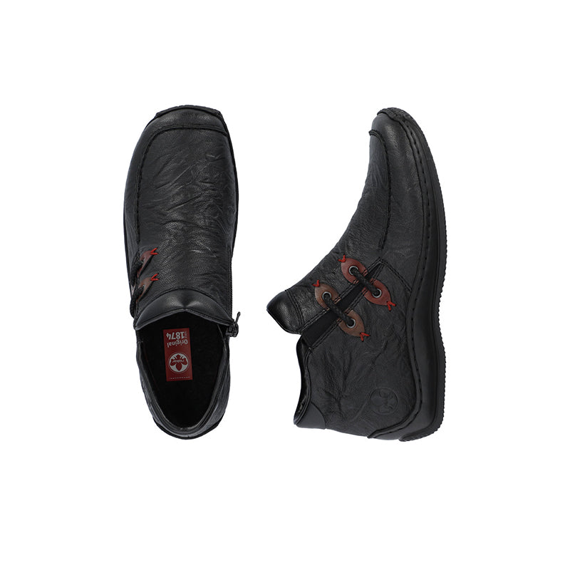 Black lace-up ankle boots, side and heel views, cushioned collar and tread sole