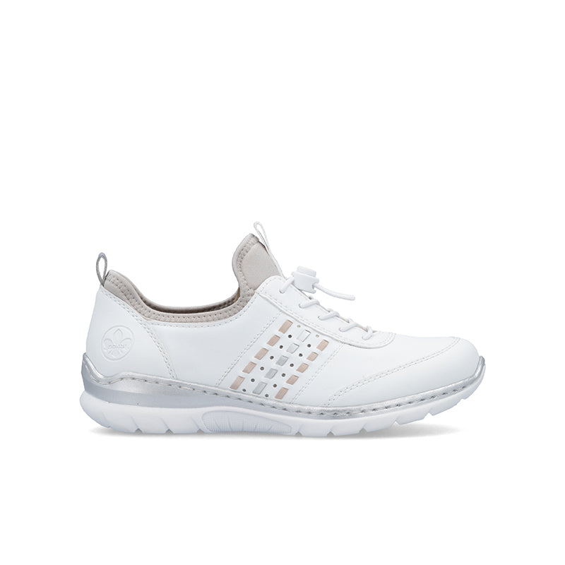 White lace-up sneakers with cushioned sole and side panel detail