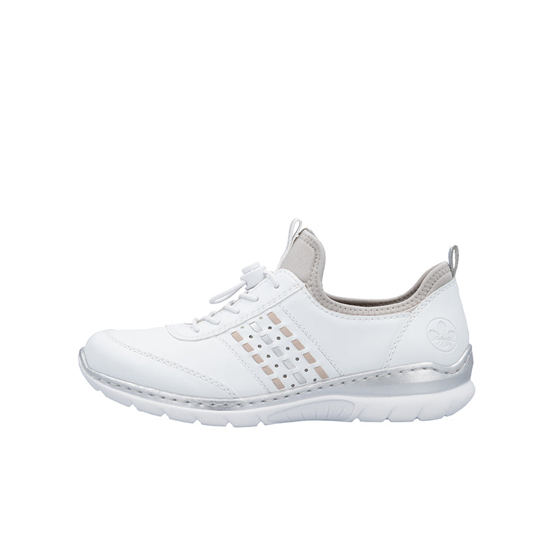 White lace-up sneakers with gray lining and cushioned outsole