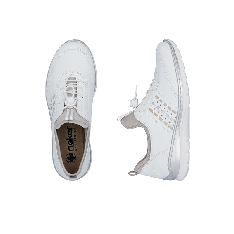 White lace-up sneakers with rubber sole and brand tab heel lining