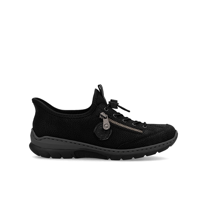 Women's black slip-on sneakers with lace-up front and side logo patch