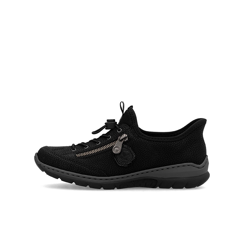 Women's black slip-on sneaker with lace-up front and side emblem