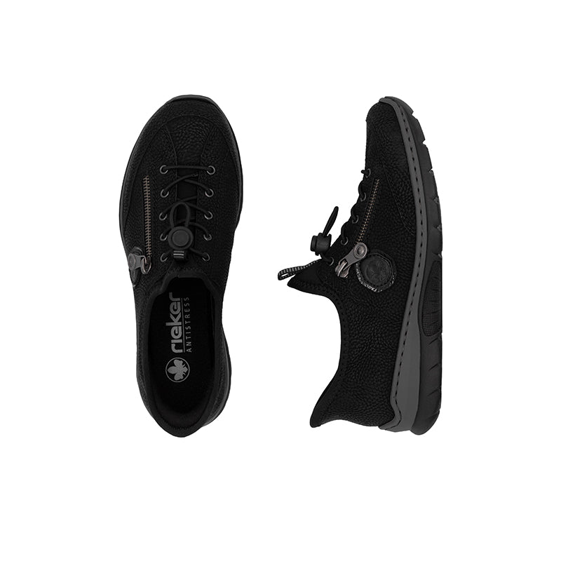 Pair of black women's slip-on sneakers with lace-up front and side emblem