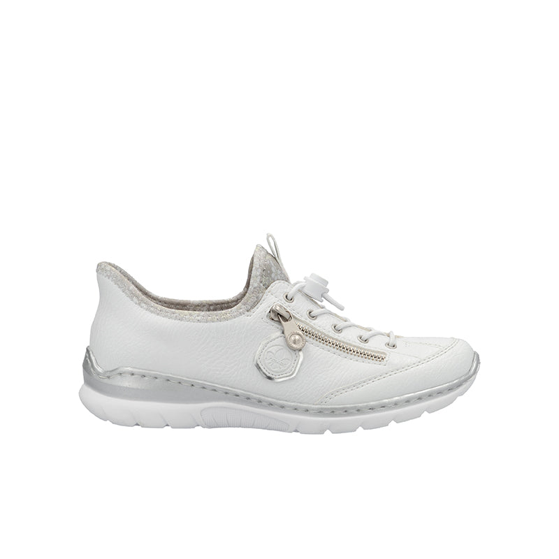 Women's white slip-on sneakers with lace-up front and side logo patch