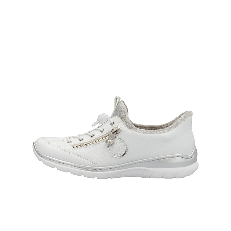 Women's white slip-on sneaker with lace-up front and side emblem