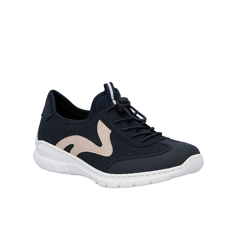 Navy lace-up sneakers with beige swoosh-style overlay and cushioned sole