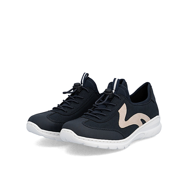 Navy lace-up sneakers with large beige logo overlay and white rubber sole