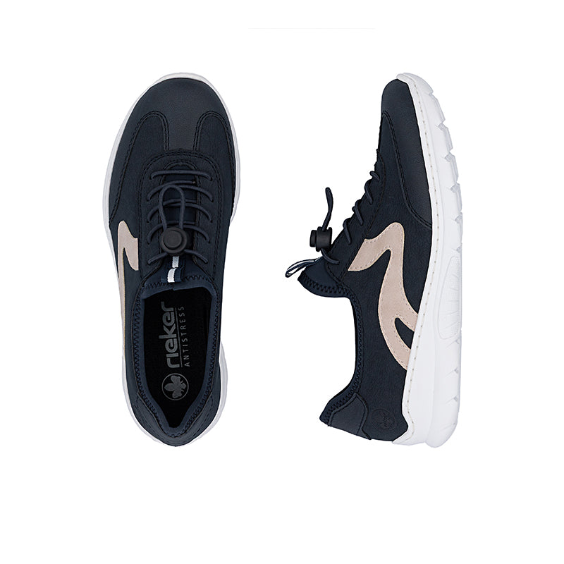 Navy lace-up sneakers pair with cream logo overlay and padded collar
