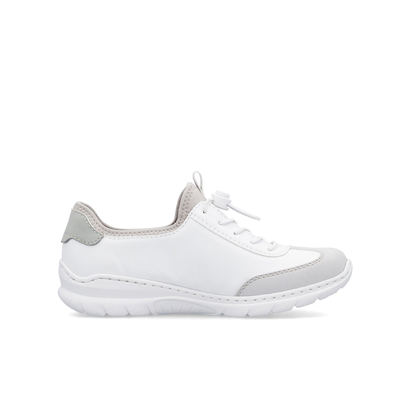 White lace-up sneakers with stitched trim and cushioned sole