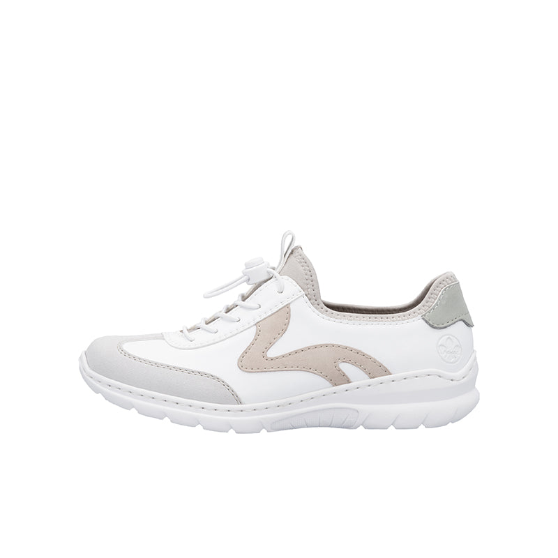 White lace-up sneakers with beige and tan side panels