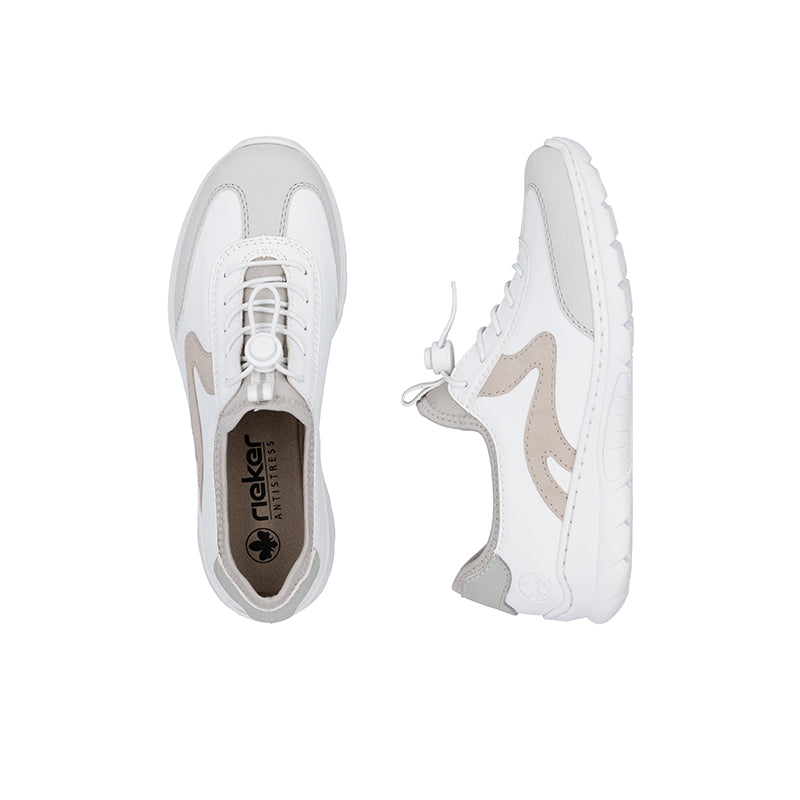 White lace-up sneaker pair, showing tongue, lace eyelets, and side panel