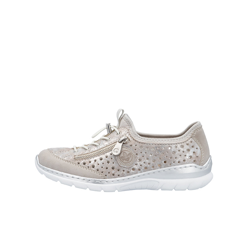 Women’s metallic sneakers with lace-up design, round toe, and white rubber sole