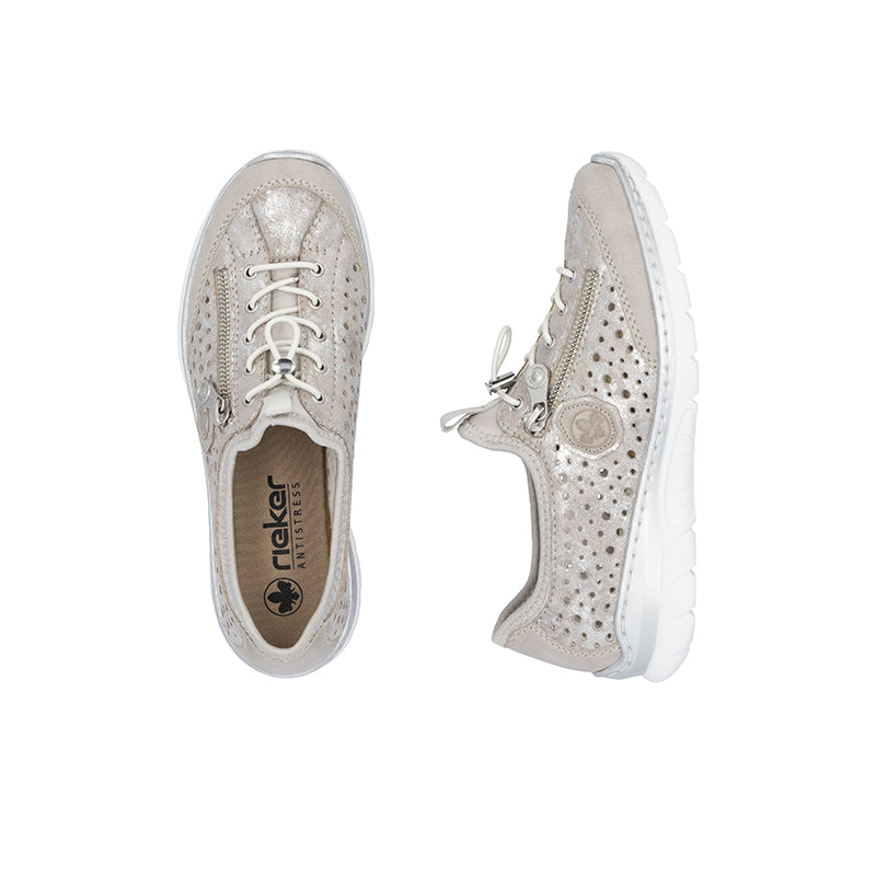 Women’s metallic sneakers, side view with lace-up front, logo patch, and white sole