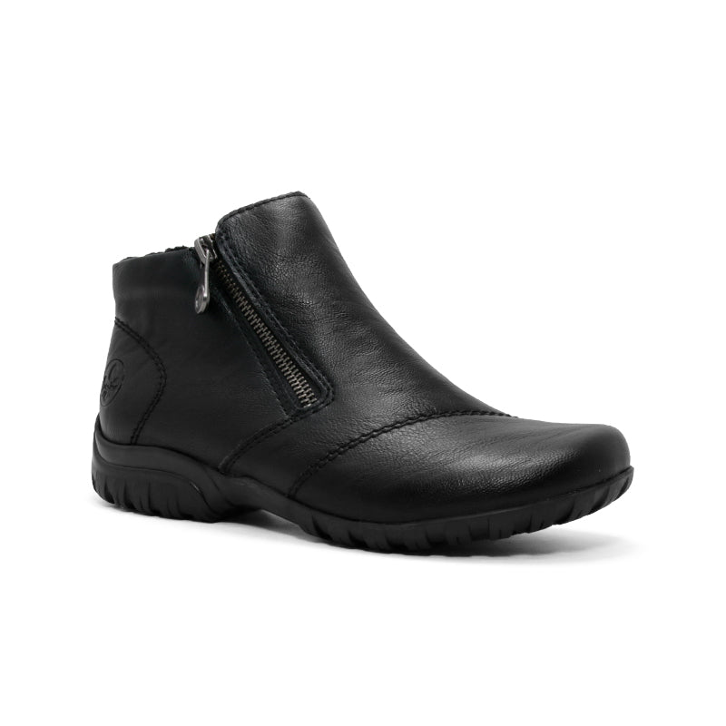 Black women’s ankle boot with side zipper and cushioned sole