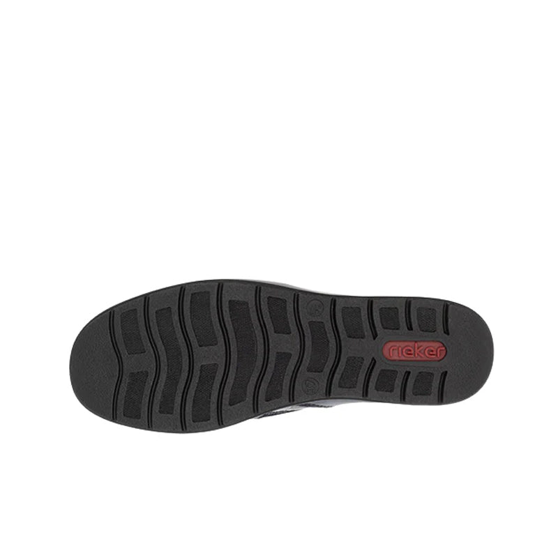 Boot outsole with textured tread and Rieker logo