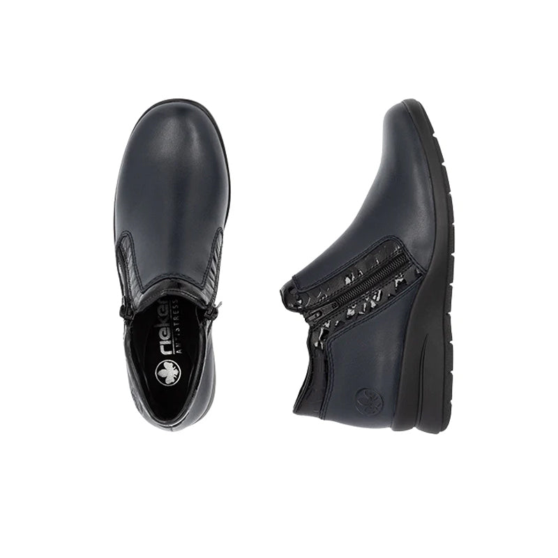 Dark blue ankle boots pair with side zipper detail