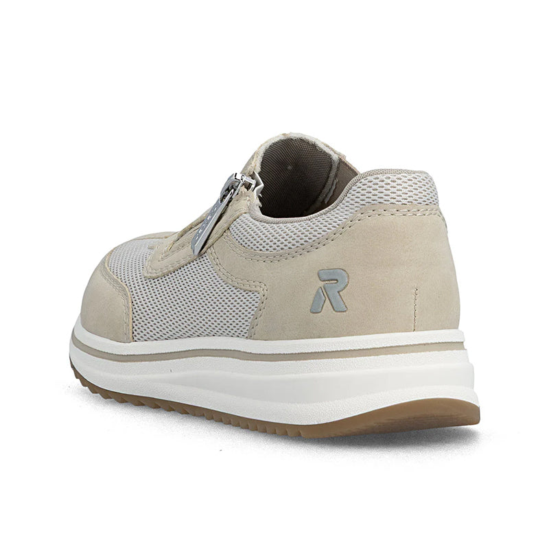 Beige sneakers heel view with side zip, cushioned sole and fabric panels