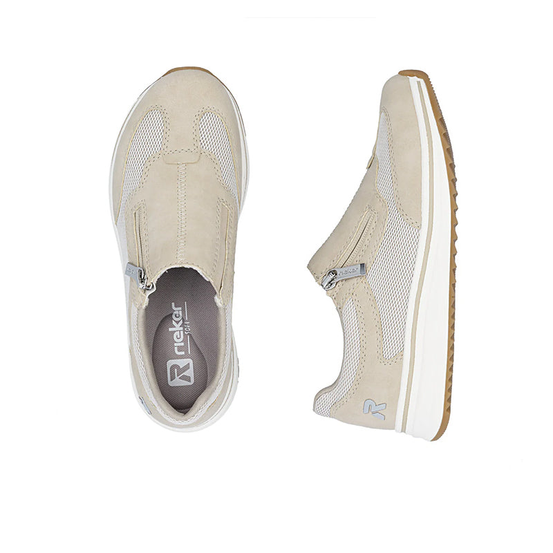 Pair of beige sneakers with side zip, mesh uppers, and cushioned low-profile sole