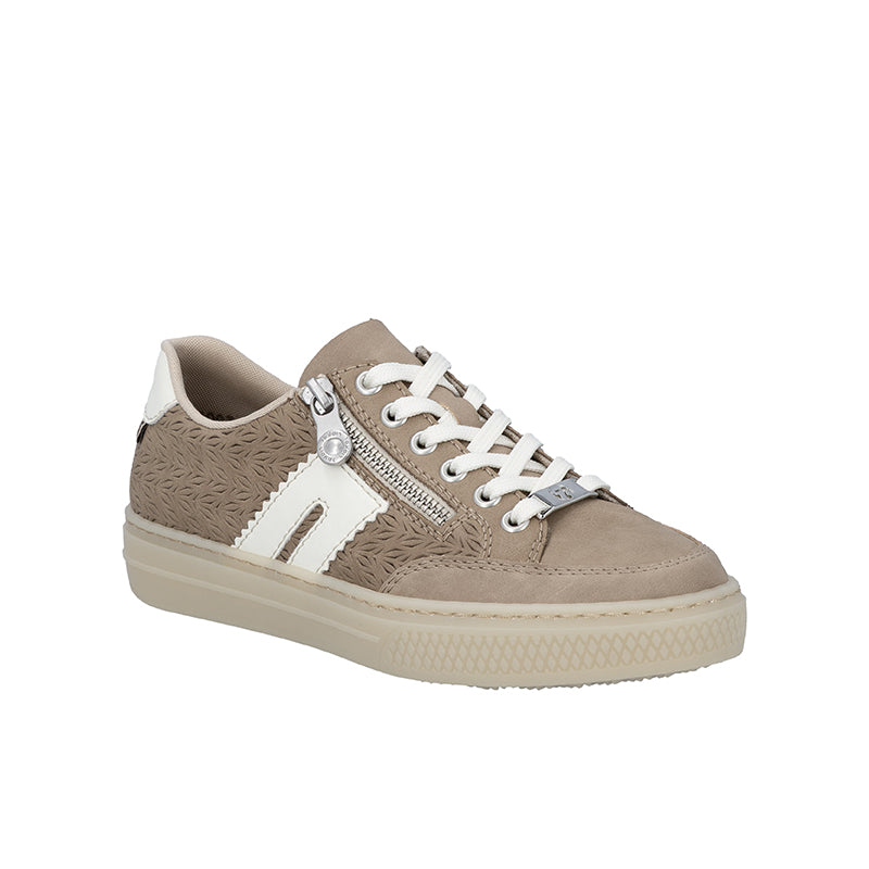 Brown low-top sneakers with lace-up, side zipper, and cream rubber sole