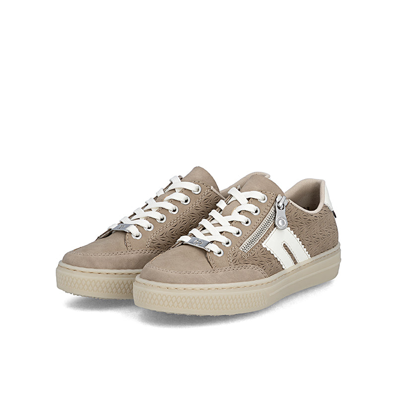 Taupe low-top sneakers with lace-up, side zipper, and woven side panel
