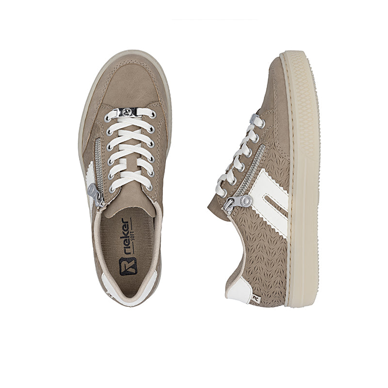 Brown low-top sneakers with lace-up and side zipper, cream sole