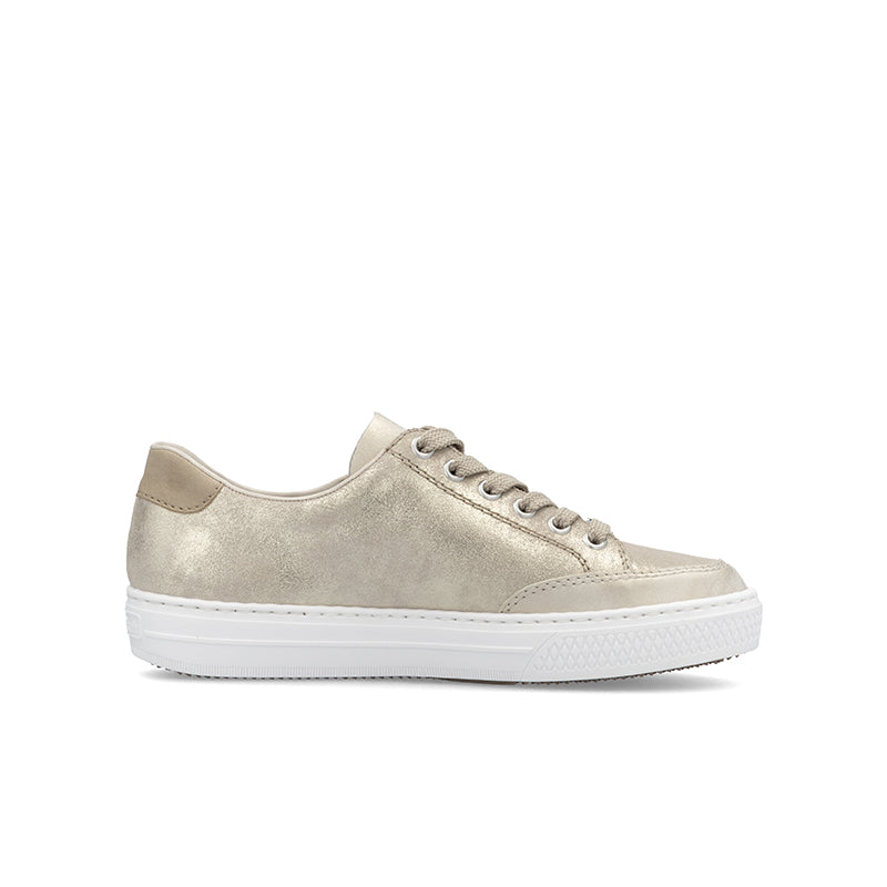 Beige low-top lace-up sneakers with white rubber sole