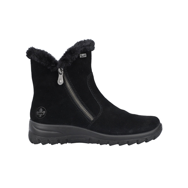Black suede ankle boots with faux-fur trim and side zip, chunky rubber sole