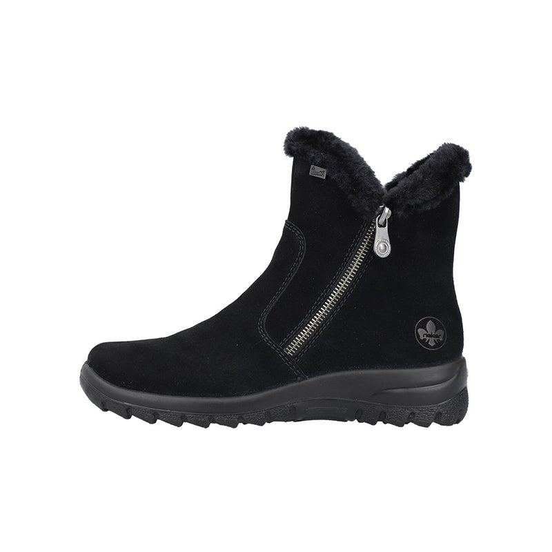 Black suede ankle boots with faux-fur collar, side zip and treaded sole