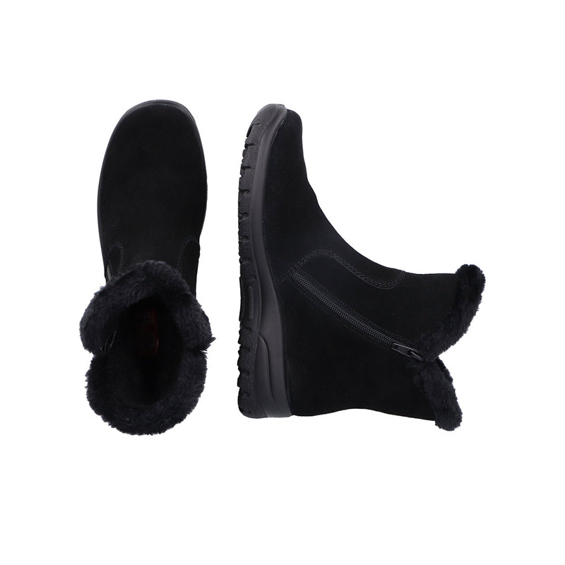 Black suede ankle boots pair with faux-fur trim, side zip and thick tread sole