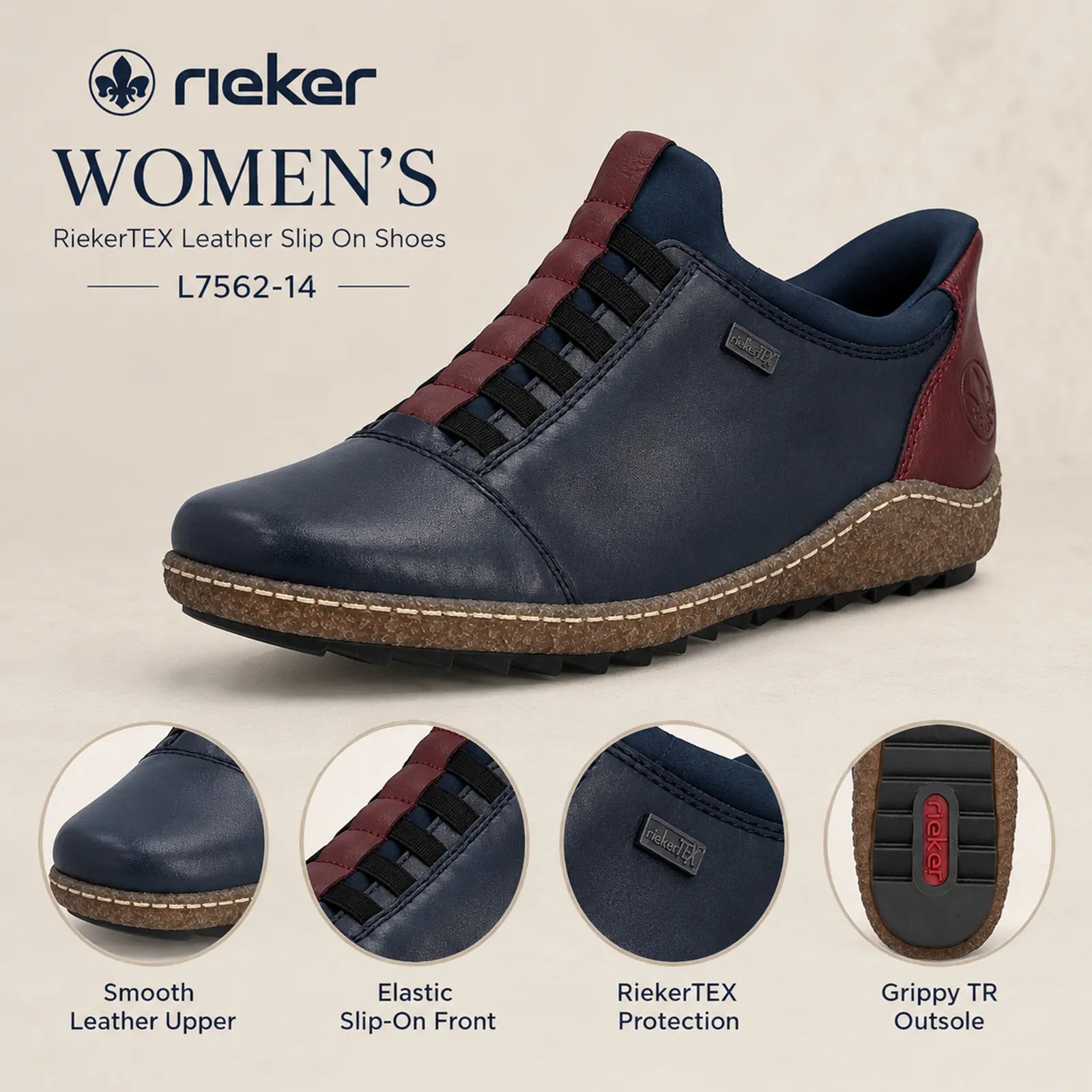 Rieker women's blue slip on shoes close up detail showing leather upper, grippy TR sole and elasticated bands