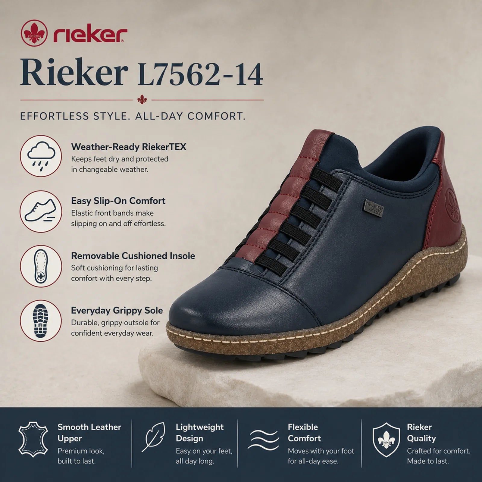 Rieker women's blue slip on shoes showing RiekerTEX membrane, removable insole and Ready2GO features