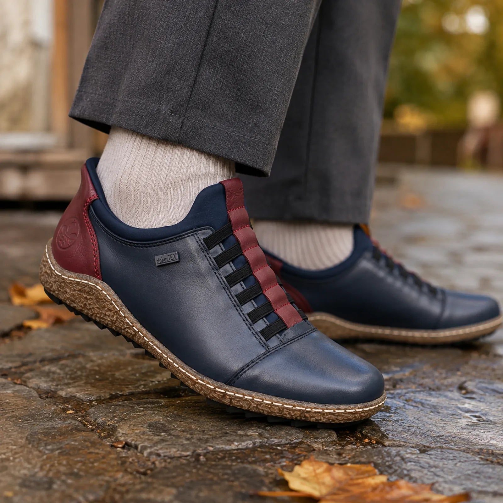 Rieker women's blue slip on shoes worn for casual walking and everyday winter comfort