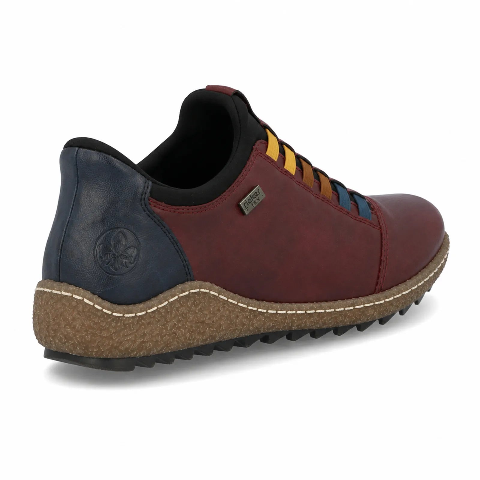 Rieker women's red slip on shoes side angle view showing elasticated fit and contrast colour detail